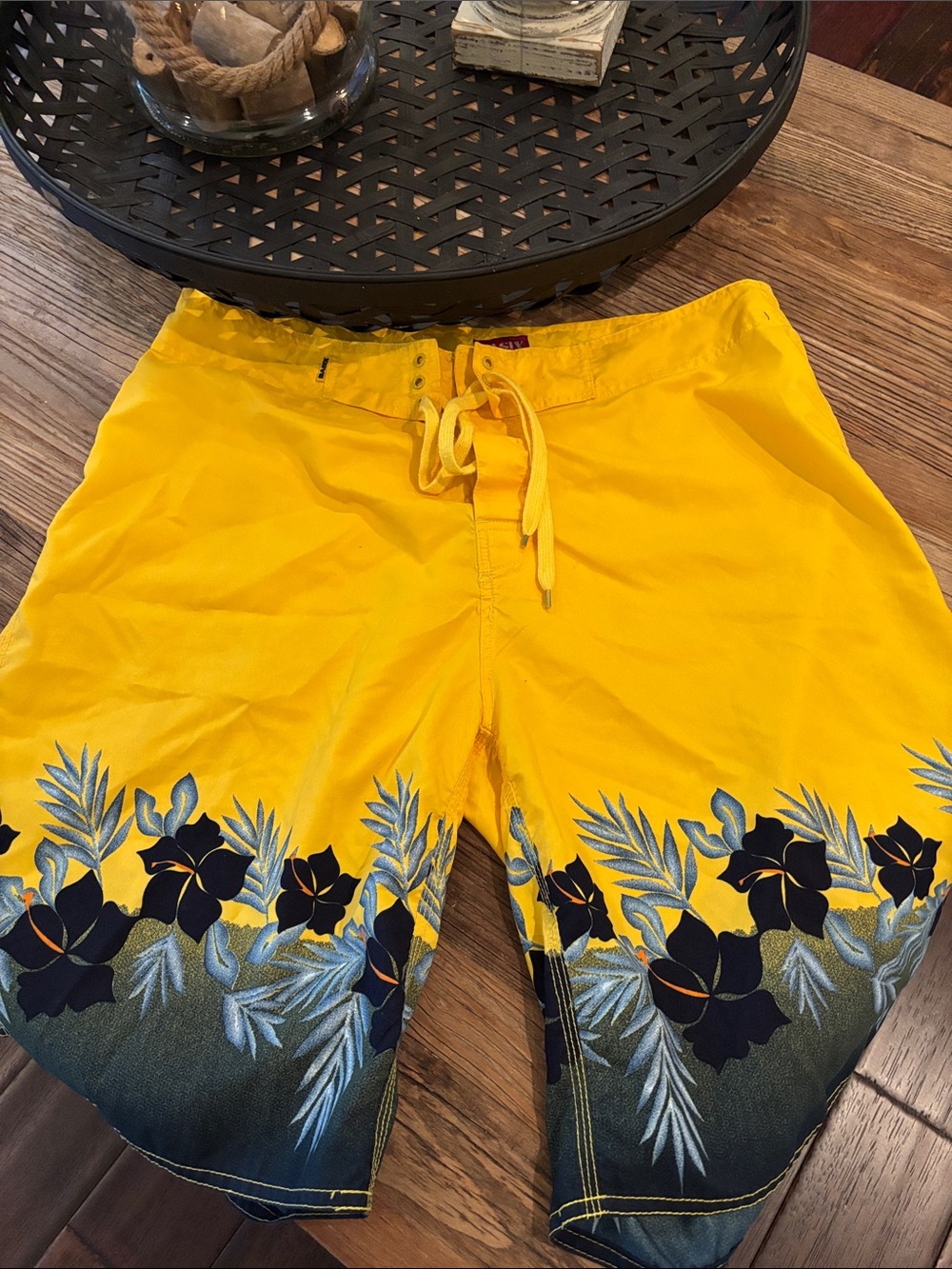Men's Yellow Floral Board Shorts with Navy Accent